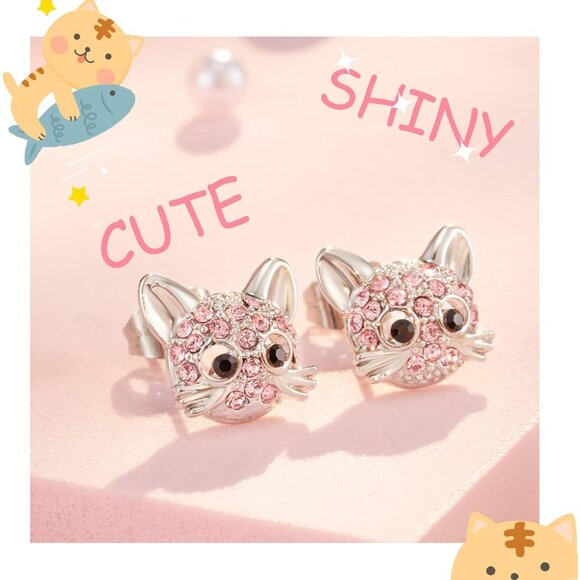 Pink Cubic Zirconia Hypoallergenic Cute Cat Stud Earrings for Women Teens Girls - Picture 3 of 5